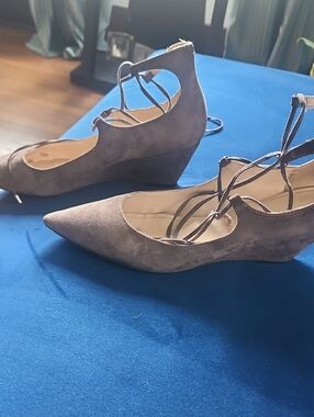 Marc Fisher Taupe Suede Pointed-Toe Lace-Up Wedge Heels